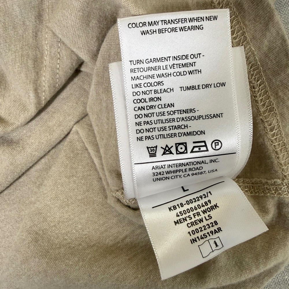 Ariat FR Mens Large Khaki Flame Resistant Long Sleeve Pocket T-Shirt CAT 2 PPE - Picture 10 of 14